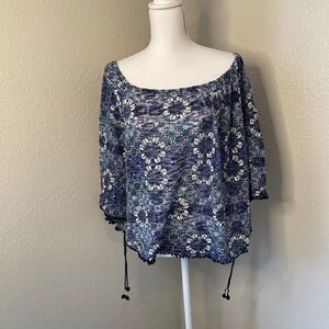 Blue floral off shoulder Pom Pom blouse